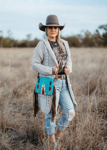 zoe_saddle_blanket_saddleblanket_handbag_bag_fringe_american_darling_tooled_leather_blue_turquoise_aztec_arrows_red_rust_western_mack_and_co_designs_australia