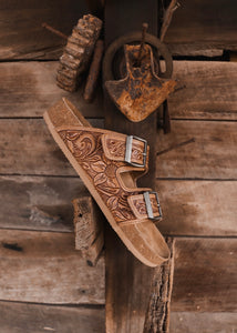 Mack_and_co_designs_australia_tooled_leather_sunflower_slides_birkenstocks_fossil_creek_western