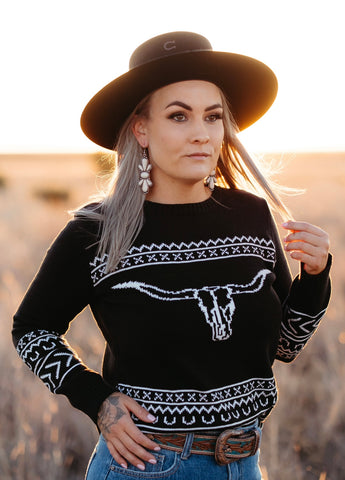 black_longhorn_sweater_cowgirl_western_cotton_rye_outfitters_america_mack_and_co_designs_australia