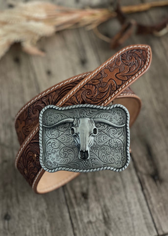 pasadena_tooled_leather_belt_cow_rodeo_buckle_western_cowgirl_mack_and_co_designs_australia