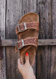 fossil_creek_womens_tooled_leather_sunflower_slides_shoes_footwear_western_mack_and_co_designs_australia