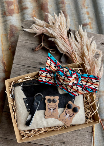 gift_pack_jewellery_jewelry_cowhide_western_clutch_sage_crossbody_bag_aztec_wired_headband_studs_earrings_leather_keyring_handcrafted_handmade_made_in_mack_and_co_designs_australia