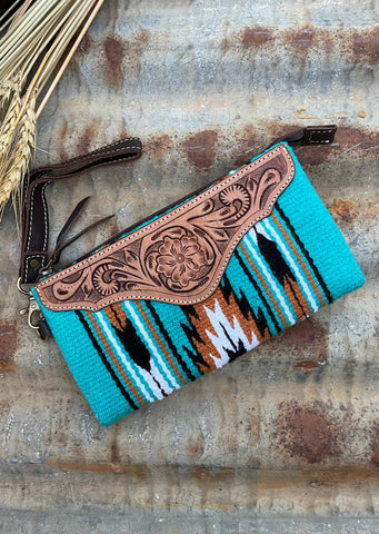 alice_turquoise_saddle_blanket_clutch_chocolate_tooled_leather_mack_and_co_designs_australia