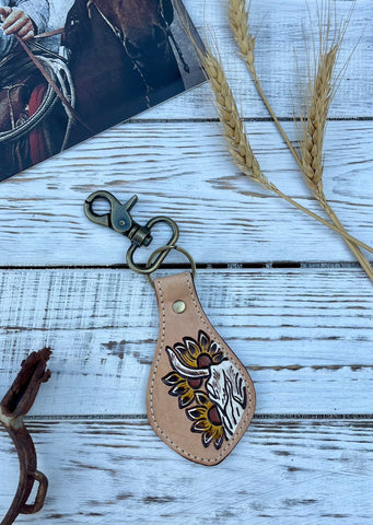 sunflower_handpainted_cowskull_cow_skull_bull_hand_painted_tooled_wristlet_keyring_strap_leather_western_mack_and_co_designs_australia