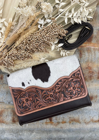 Joslynn Cowhide Bag - Chocolate Tooled Leather