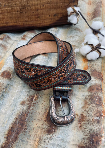 american_darling_tooled_leather_western_belt_turquoise_buckle_rodeo_mack_and_co_designs_australia