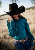 dusty_creek_elsey_womens_linen_arena_shirt_emerald_savannah_campdrafting_barrel_racing_rodeo_western_mack_and_co_designs_australia