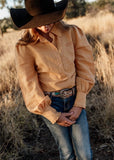 dusty_creek_shilo_womens_linen_arena_shirt_amber_blouse_campdrafting_frill_barrel_racing_rodeo_western_mack_and_co_designs_australia