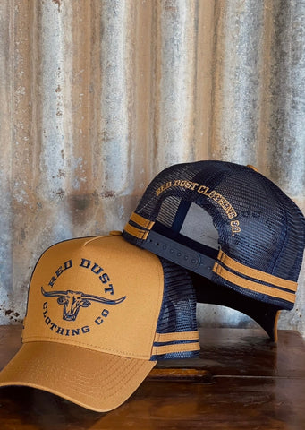 red_dust_clothing_co_cow_skull_bull_mustard_navy_high_profile_dusty_creek_country_trucker_caps_ctc_trucker_lid_co_cap_australian_cattle_carters_mack_and_co_designs_australia