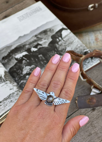 western_thunderbird_dress_ring_jewellery_jewelery_silver_turquoise_concho_mack_and_co_designs_australia
