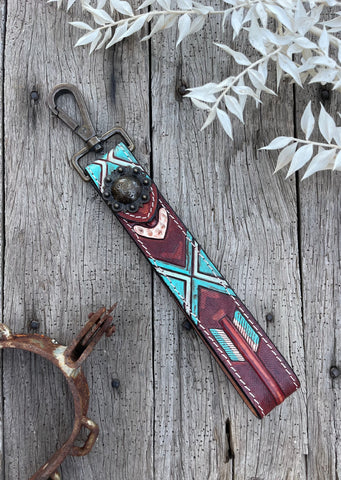 american_darling_concho_handpainted_flower_floral_hand_painted_tooled_wristlet_keyring_strap_leather_western_turquoise_arrow_mack_and_co_designs_australia
