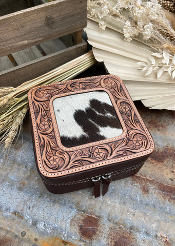 Addilyn Cowhide Jewellery Case - Chocolate Tooled Leather