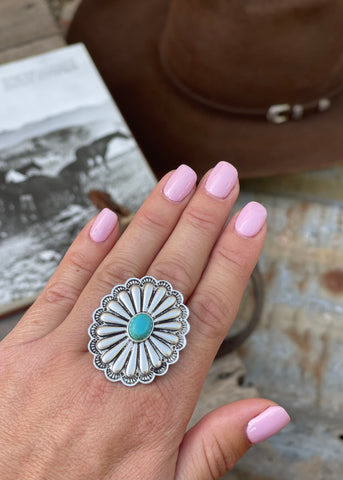 western_concho_dress_ring_natural_stone_jewellery_jewelery_silver_turquoise_statement_mack_and_co_designs_australia