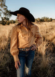 dusty_creek_shilo_womens_linen_arena_shirt_amber_blouse_campdrafting_frill_barrel_racing_rodeo_western_mack_and_co_designs_australia