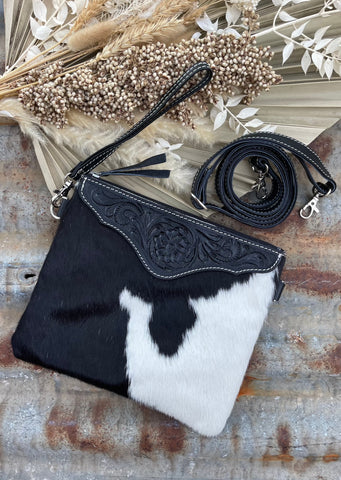 Julia Cowhide & Black Tooled Leather Clutch - Chocolate