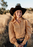 dusty_creek_shilo_womens_linen_arena_shirt_amber_blouse_campdrafting_frill_barrel_racing_rodeo_western_mack_and_co_designs_australia